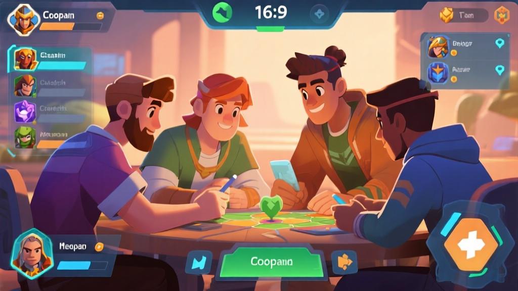 Four players collaborating in co-op game mode, strategic interface overlay, diverse character classes working together, warm team atmosphere, soft gaming illustration style high quality illustration, detailed, 16:9