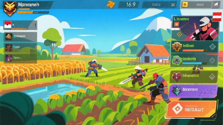 自动生成图片: Game interface concept showing farming and combat elements merged together, Indonesian gaming aesthetic, vibrant colors with tactical overlays, modern minimalist design high quality illustration, detailed, 16:9