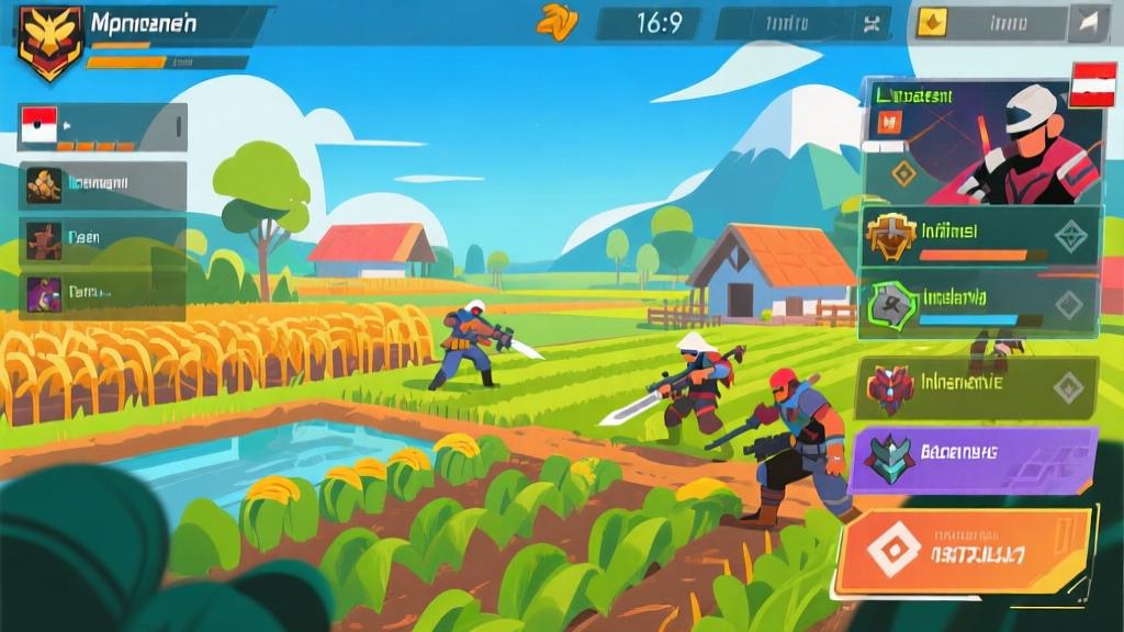 Game interface concept showing farming and combat elements merged together, Indonesian gaming aesthetic, vibrant colors with tactical overlays, modern minimalist design high quality illustration, detailed, 16:9