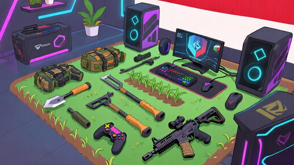 Gaming gear setup showing hybrid equipment layout, tactical farming tools combined with combat gear, modern gaming aesthetic with Indonesian cultural elements high quality illustration, detailed, 16:9