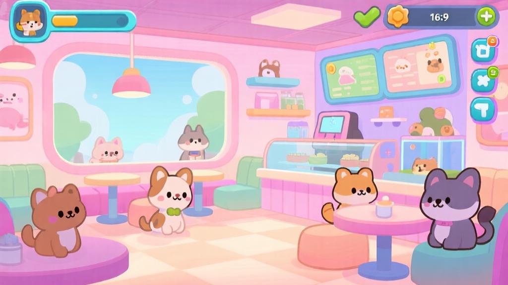 Colorful virtual pet cafe interior with cute animals, soft pastel colors, cartoon style illustration, cozy atmosphere, gaming interface elements high quality illustration, detailed, 16:9