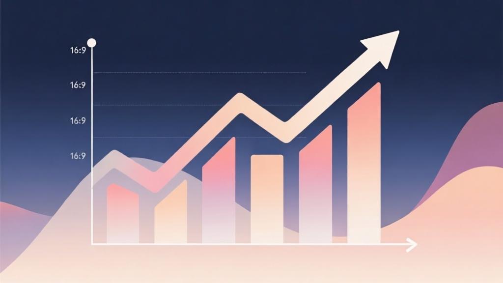 Abstract business growth chart with upward trend, soft gradient colors, minimalist design, financial success concept high quality illustration, detailed, 16:9