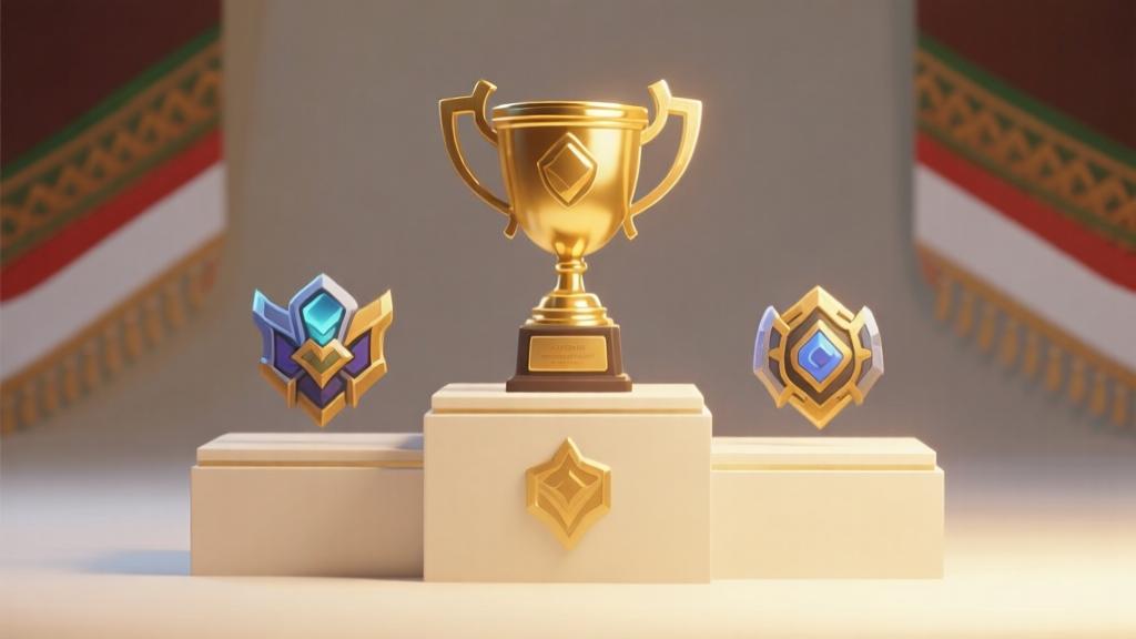 Trophy and exclusive in-game items display on minimalist podium, soft golden lighting, clean presentation style with subtle Indonesian cultural elements high quality illustration, detailed, 16:9