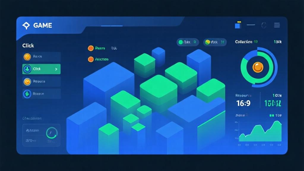 Game interface visualization showing click patterns and resource collection metrics, modern minimalist design with blue and green color scheme, abstract data visualization elements high quality illustration, detailed, 16:9