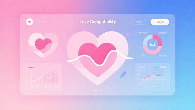 自动生成图片: Modern digital interface showing love compatibility analysis with abstract heart shapes and data visualization, soft pink and blue gradient background, clean minimalist design high quality illustration, detailed, 16:9