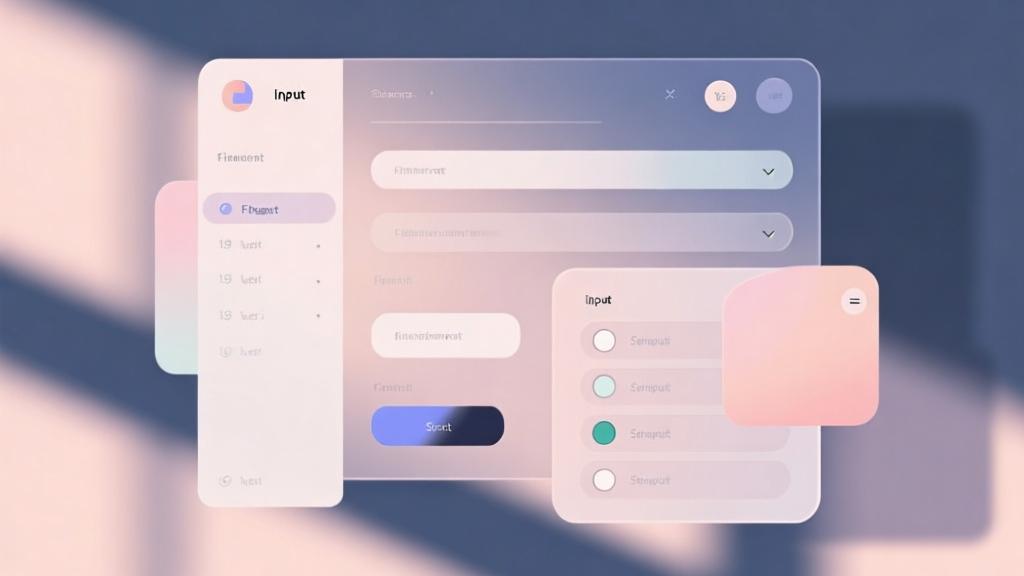 Abstract data input interface with floating forms and selection fields, soft pastel color palette, modern minimalist design with subtle shadows high quality illustration, detailed, 16:9