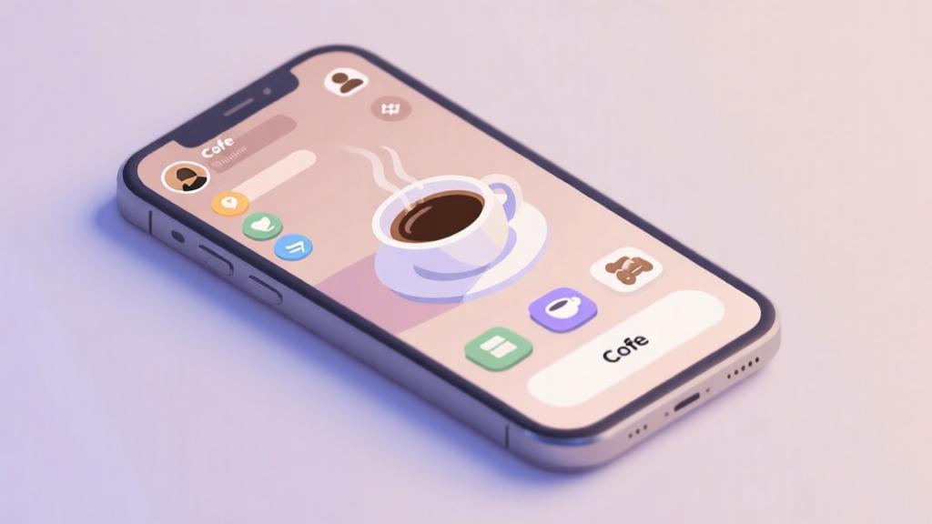 Modern minimalist illustration of a smartphone showing cafe simulation game interface, soft pastel color palette, clean design with coffee cup and management icons, professional gaming concept high quality illustration, detailed, 16:9