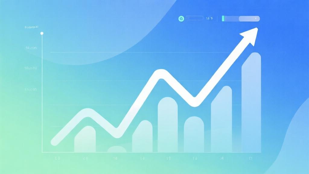 Abstract business growth chart with upward trend line, soft blue and green gradient background, minimalist data visualization, professional analytics dashboard style high quality illustration, detailed, 16:9