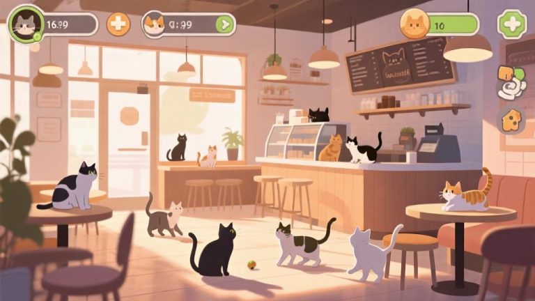自动生成图片: Cozy cat cafe interior with multiple cats playing, soft natural lighting, warm color scheme, minimalist game UI elements, inviting atmosphere high quality illustration, detailed, 16:9