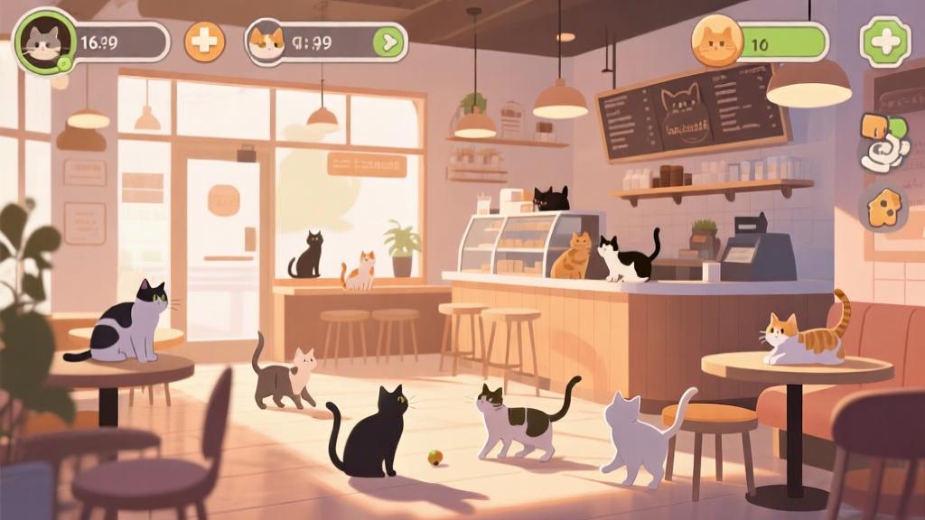 Cozy cat cafe interior with multiple cats playing, soft natural lighting, warm color scheme, minimalist game UI elements, inviting atmosphere high quality illustration, detailed, 16:9