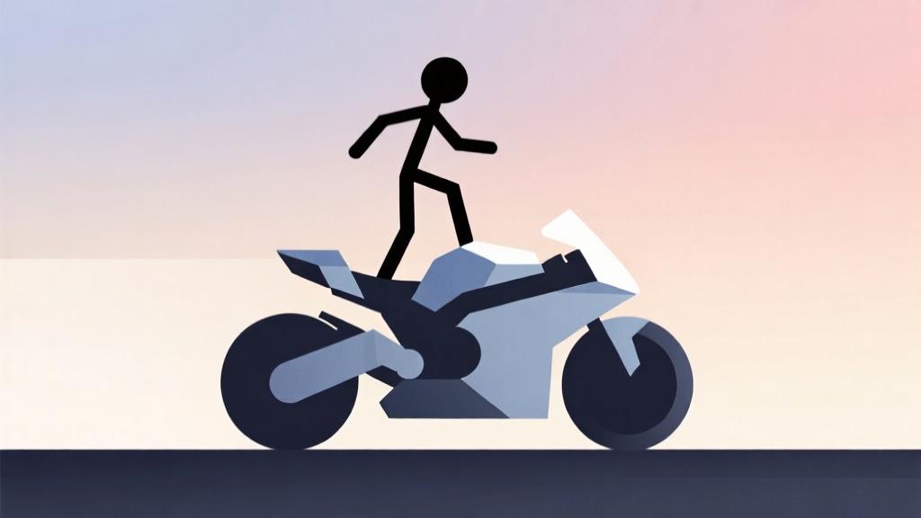 Abstract illustration of a stickman character balancing on a motorcycle, minimalist design with soft gradient background, professional gaming concept visualization, clean geometric shapes high quality illustration, detailed, 16:9