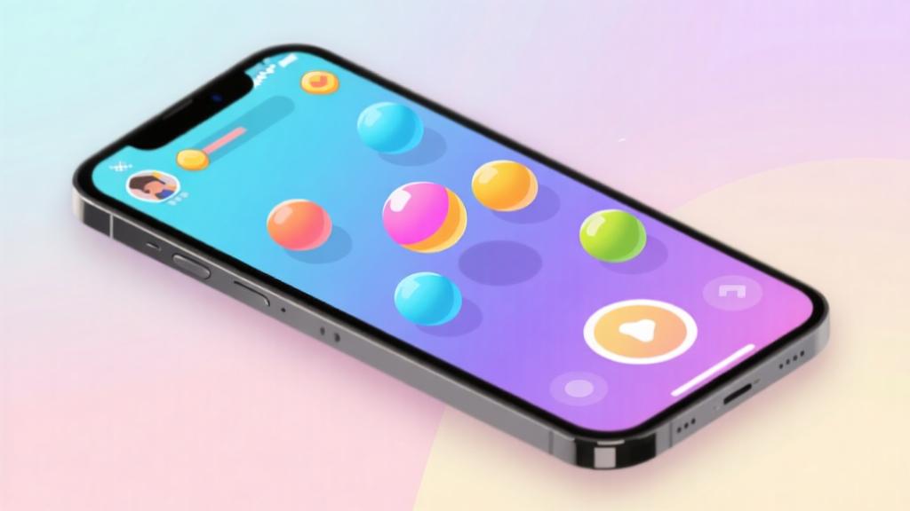 Modern smartphone displaying colorful mobile game interface with bouncing balls, soft gradient background in pastel colors, minimalist design with clean layout, gaming app concept high quality illustration, detailed, 16:9