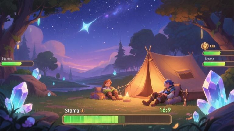自动生成图片: Serene game environment with a peaceful campsite under starry sky, soft glowing crystals, resting characters with stamina bars visibly regenerating, fantasy art style with warm color palette high quality illustration, detailed, 16:9