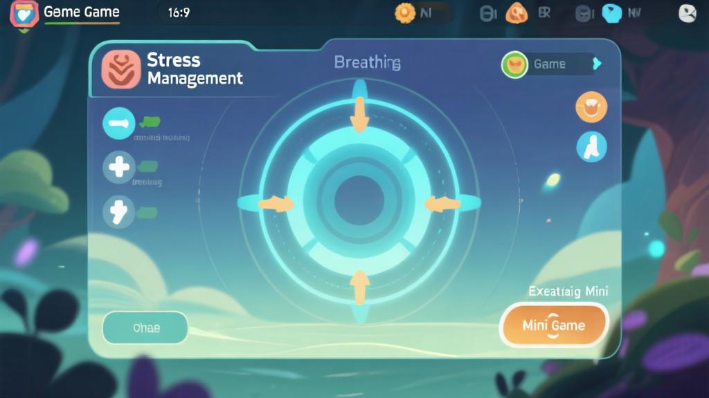 Game UI overlay showing stress management mechanics, breathing exercise mini-game with expanding and contracting circle, serene background with calming visual effects high quality illustration, detailed, 16:9