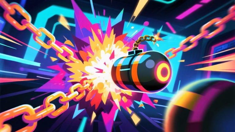 自动生成图片: Dynamic gaming scene showing explosive chain reaction effects in vibrant colors, abstract representation of bomb roll technique, modern esports style with glowing elements and motion trails high quality illustration, detailed, 16:9