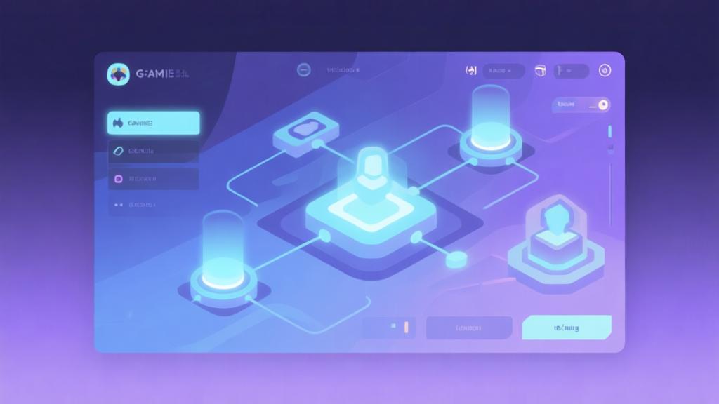 Abstract gaming interface with subtle glowing elements, soft blue and purple color scheme, minimalist design showing connected game mechanics, professional illustration style high quality illustration, detailed, 16:9