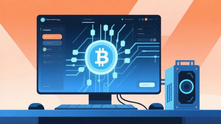 自动生成图片: Modern cryptocurrency mining setup with abstract blockchain visualization, soft blue and orange gradient background, clean geometric design, professional gaming interface concept high quality illustration, detailed, 16:9