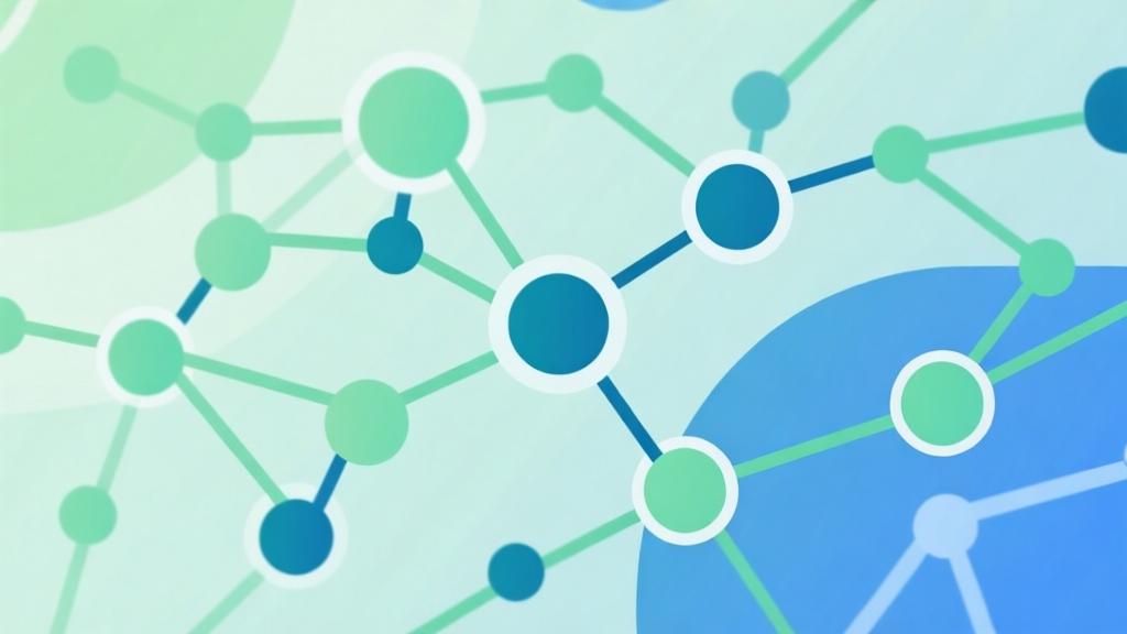 Abstract network connection diagram with nodes and links, soft green and blue color palette, modern business infographic style, clean minimalist design high quality illustration, detailed, 16:9