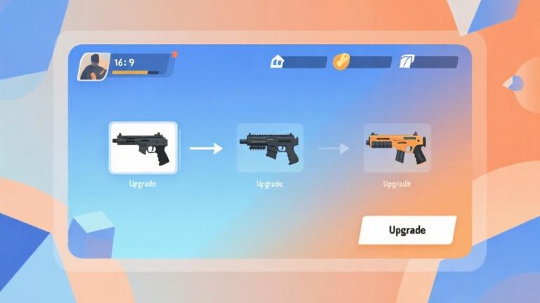 自动生成图片: Modern mobile game interface showing weapon upgrade progression, soft blue and orange gradient background, clean minimalist design with abstract geometric elements high quality illustration, detailed, 16:9