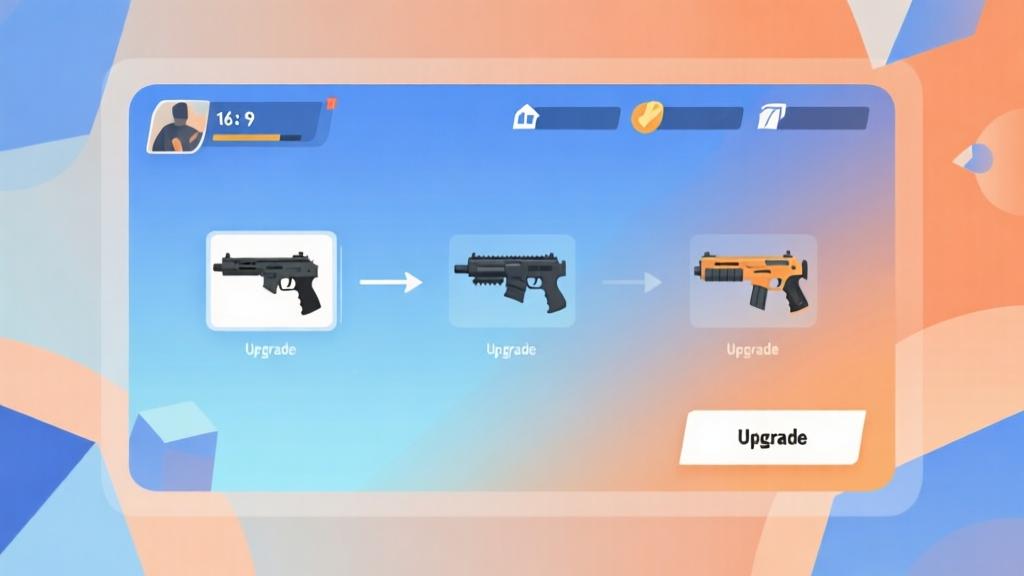 Modern mobile game interface showing weapon upgrade progression, soft blue and orange gradient background, clean minimalist design with abstract geometric elements high quality illustration, detailed, 16:9