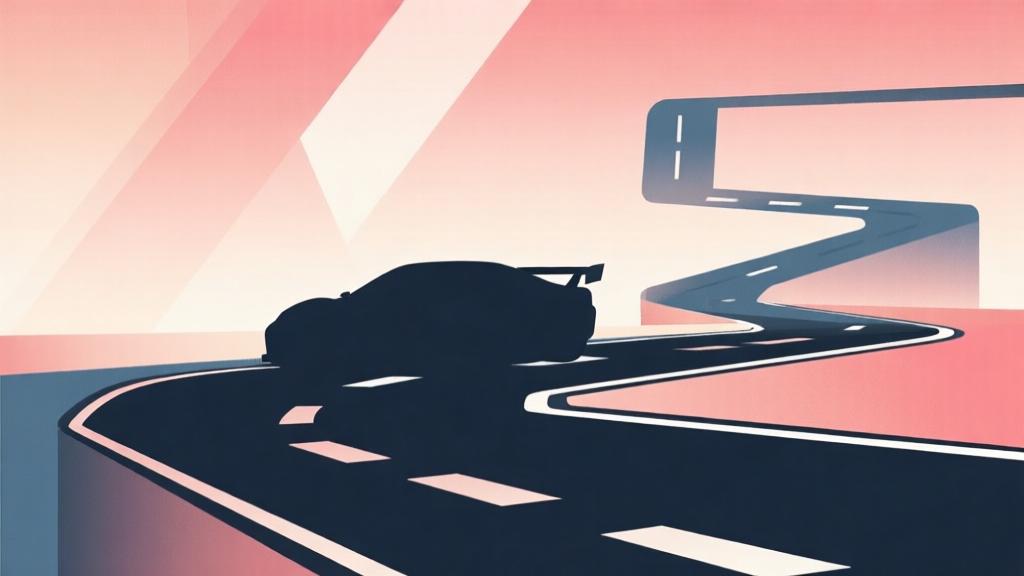 Abstract composition of racing game elements with soft gradient background, minimalist car silhouette, geometric track design, professional gaming illustration style high quality illustration, detailed, 16:9