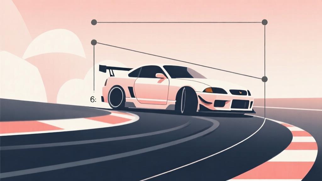 Minimalist diagram showing car drift angles with geometric lines, soft color gradient, professional racing illustration, clean design style high quality illustration, detailed, 16:9