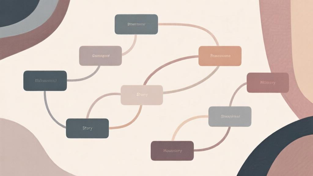 Abstract narrative branching diagram with soft connecting lines, muted color palette representing different story paths, minimalist design with subtle visual hierarchy high quality illustration, detailed, 16:9