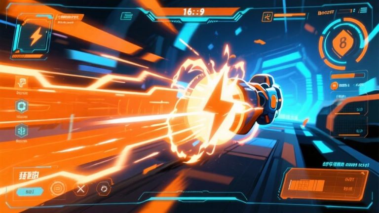 自动生成图片: Dynamic gaming interface showing speed boost mechanics, glowing energy effects, futuristic HUD design, vibrant orange and blue color scheme, action-packed composition high quality illustration, detailed, 16:9
