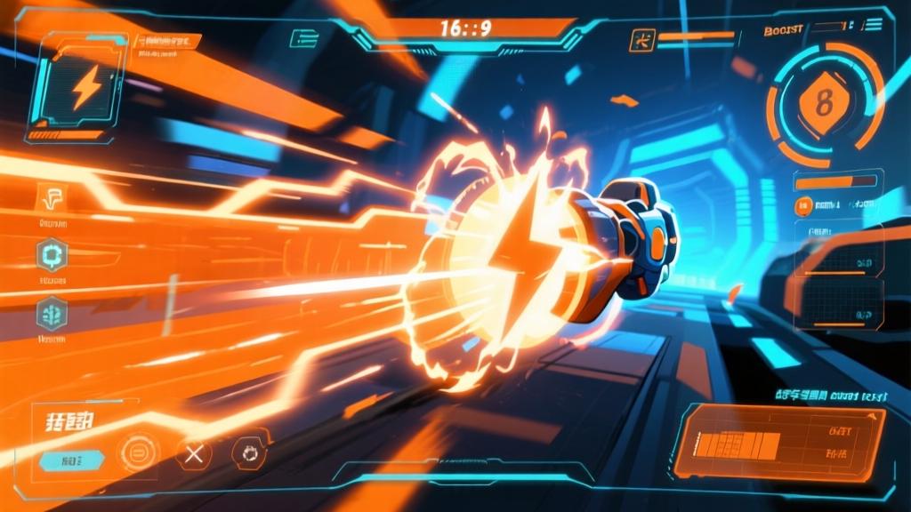 Dynamic gaming interface showing speed boost mechanics, glowing energy effects, futuristic HUD design, vibrant orange and blue color scheme, action-packed composition high quality illustration, detailed, 16:9