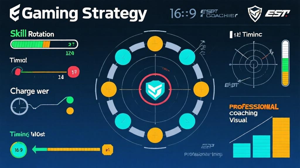 Gaming strategy infographic showing skill rotation patterns, charge meter progression, timing indicators, professional esports coaching visual, clean layout with tactical diagrams high quality illustration, detailed, 16:9