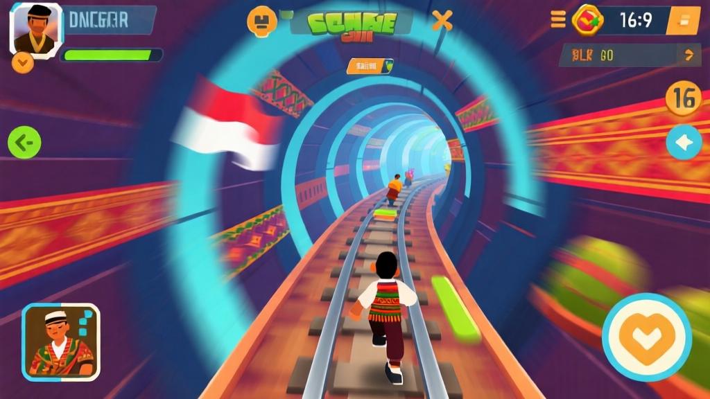 Modern mobile game interface showing tunnel runner gameplay, dynamic motion blur effects, vibrant colors with Indonesian cultural elements, professional gaming screenshot style high quality illustration, detailed, 16:9