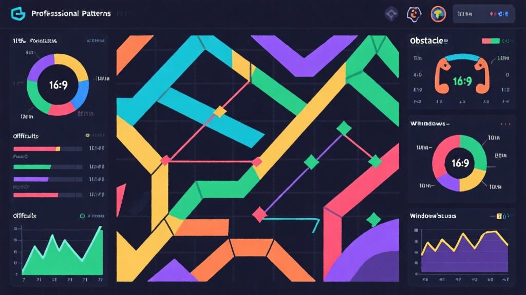 Abstract data visualization showing obstacle patterns and timing windows, geometric shapes with color-coded difficulty levels, professional analytics dashboard style with gaming elements high quality illustration, detailed, 16:9