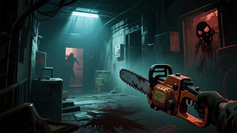 自动生成图片: Dark horror game environment with dynamic lighting, chainsaw weapon visible, tense atmospheric setting, survival horror gameplay scene, cinematic composition high quality illustration, detailed, 16:9