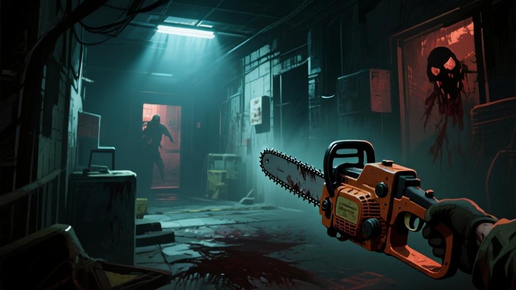 Dark horror game environment with dynamic lighting, chainsaw weapon visible, tense atmospheric setting, survival horror gameplay scene, cinematic composition high quality illustration, detailed, 16:9