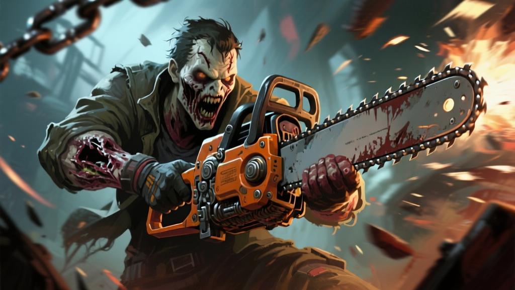 Close-up of horror game character wielding chainsaw weapon, dynamic combat pose, intense action moment, detailed weapon mechanics illustration high quality illustration, detailed, 16:9