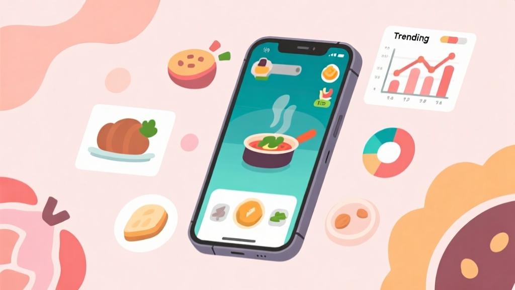 Modern minimalist illustration of a smartphone showing a cooking game interface, surrounded by abstract food icons and trending charts, soft pastel color palette, clean digital art style high quality illustration, detailed, 16:9