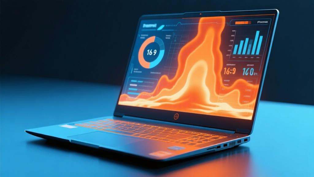 Modern gaming laptop with thermal visualization showing heat distribution, abstract performance metrics overlay, cool blue and orange color scheme, minimalist tech design high quality illustration, detailed, 16:9