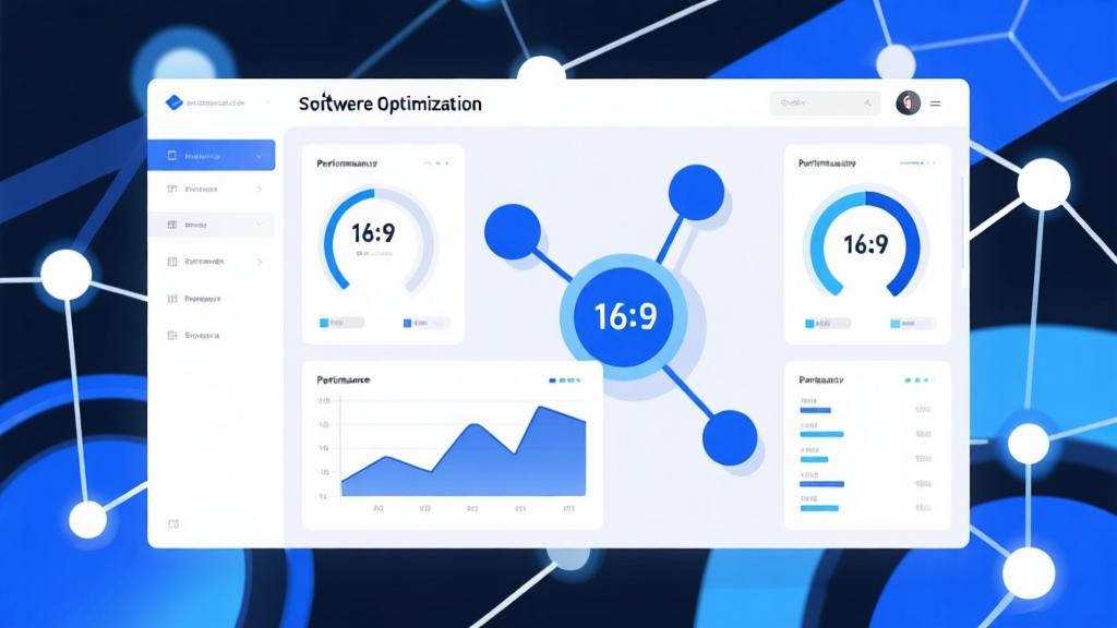 Abstract software optimization interface showing performance metrics, clean dashboard design with connected nodes, blue and white color scheme, modern digital concept high quality illustration, detailed, 16:9