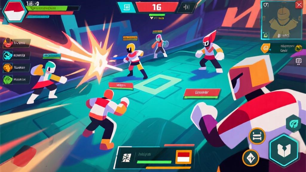 Dynamic multiplayer battle scene with abstract character avatars, Indonesian-inspired color palette, strategic interface elements, modern gaming aesthetic, competitive gameplay visualization high quality illustration, detailed, 16:9