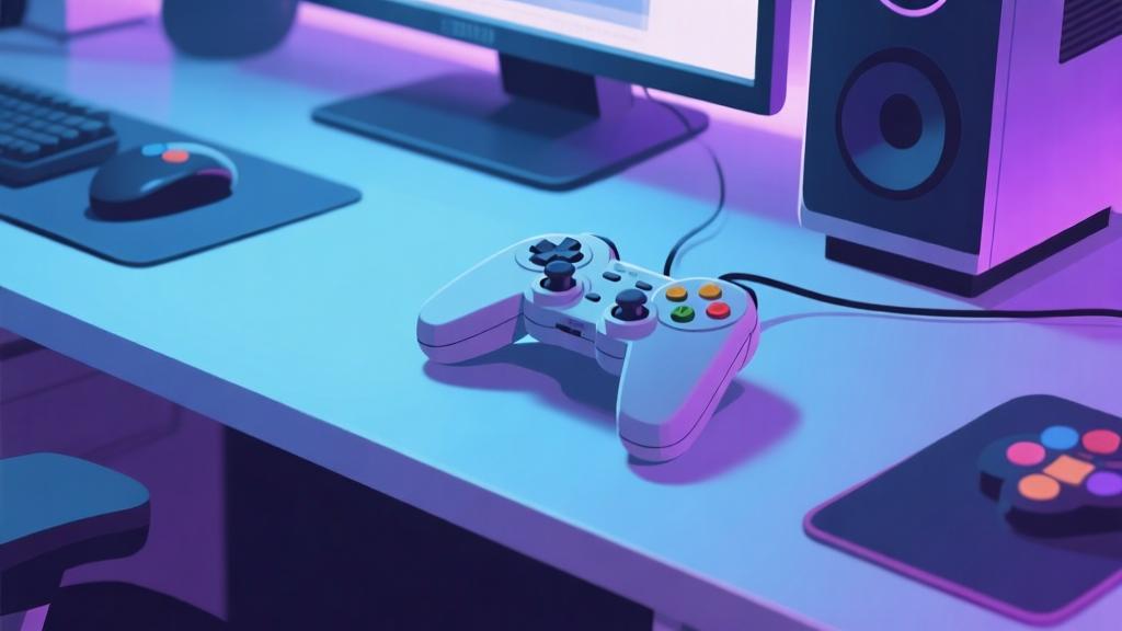 Modern gaming setup with retro game controller on desk, soft blue and purple lighting, minimalist composition, nostalgic gaming atmosphere high quality illustration, detailed, 16:9