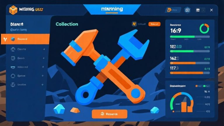 自动生成图片: Modern mining game interface showing resource collection dashboard with progress bars and statistics, blue and orange color scheme, clean game UI design, abstract mining tools visualization high quality illustration, detailed, 16:9