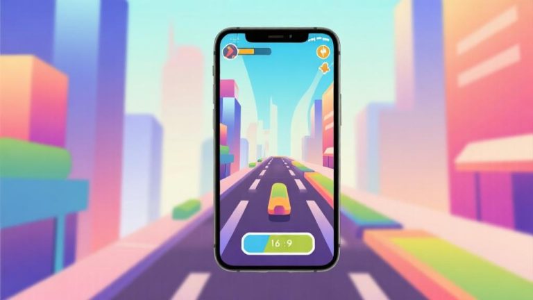 自动生成图片: Modern smartphone displaying colorful endless runner game interface, abstract urban background with soft gradient colors, minimalist design with clear visual hierarchy, professional gaming illustration high quality illustration, detailed, 16:9