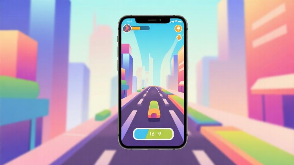 Modern smartphone displaying colorful endless runner game interface, abstract urban background with soft gradient colors, minimalist design with clear visual hierarchy, professional gaming illustration high quality illustration, detailed, 16:9