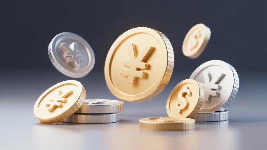 Abstract coin collection visualization with flowing currency symbols, soft gold and silver color palette, minimalist game economy concept, professional data illustration high quality illustration, detailed, 16:9