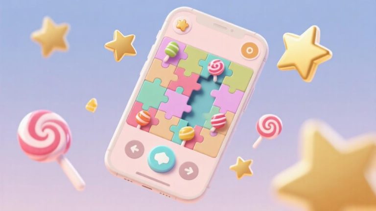自动生成图片: Abstract puzzle game interface with candy elements and golden stars floating around, soft pastel colors, clean minimal design, mobile game aesthetic with intuitive controls high quality illustration, detailed, 16:9