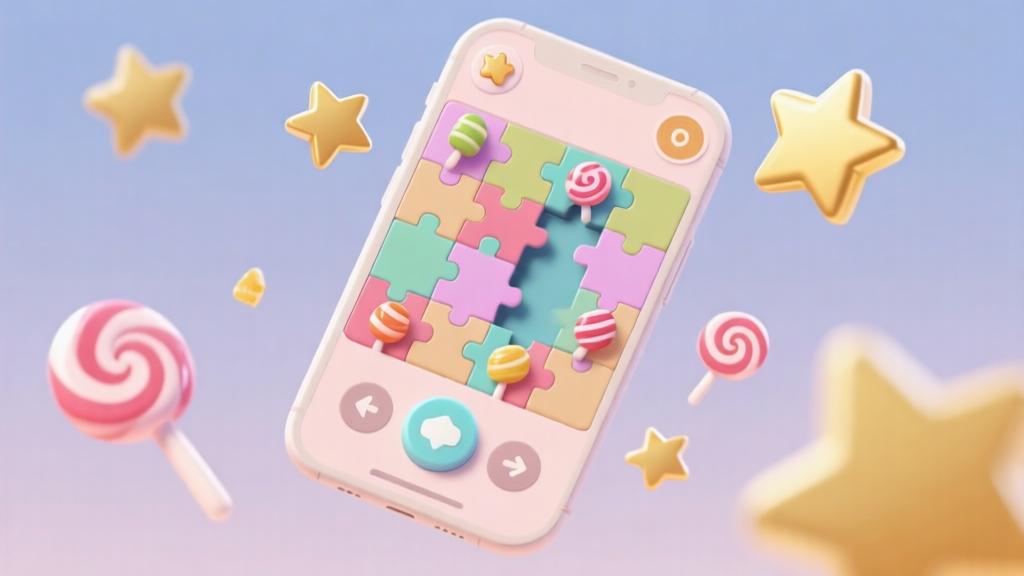 Abstract puzzle game interface with candy elements and golden stars floating around, soft pastel colors, clean minimal design, mobile game aesthetic with intuitive controls high quality illustration, detailed, 16:9