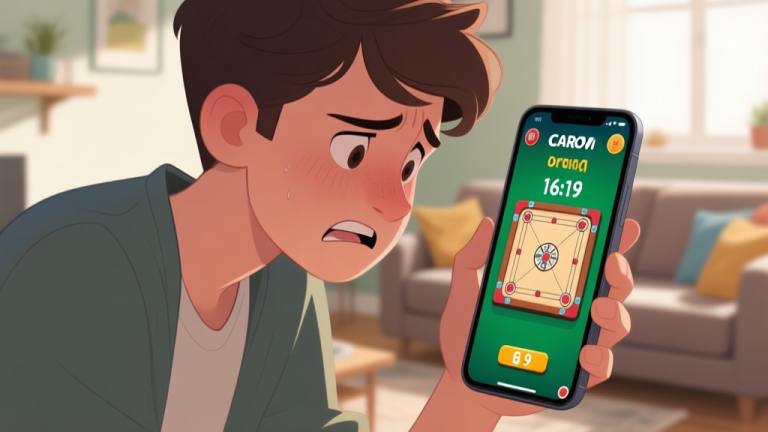 自动生成图片: A frustrated young adult looking at a smartphone screen showing a Carrom game with a losing score, in a casual home setting, soft natural lighting, relatable expression high quality illustration, detailed, 16:9