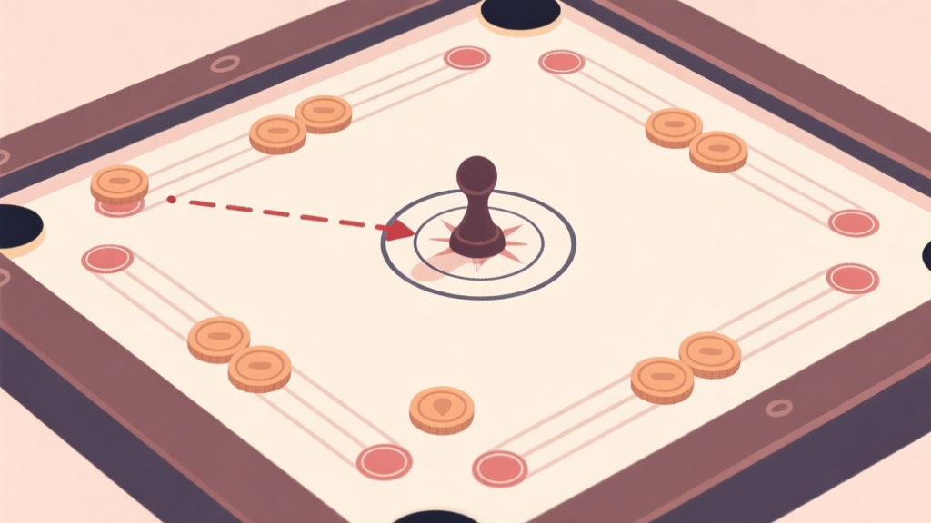 Top-down diagram of a Carrom board showing strategic positions: striker trajectory, queen placement near a pocket, and defensive coin formations, in a clean illustrative style with soft colors high quality illustration, detailed, 16:9