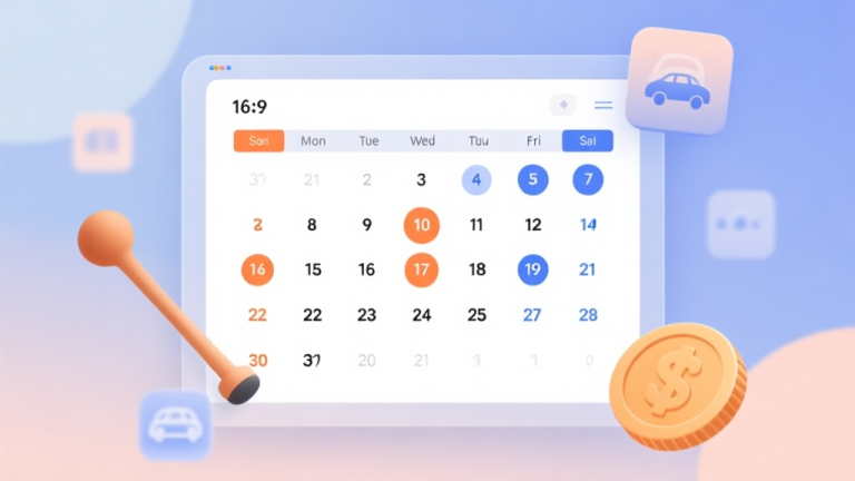 自动生成图片: A clean, minimalist calendar interface on a digital screen, with key dates highlighted in soft orange and blue, surrounded by subtle icons of a carrom striker and coin, pastel background, professional and modern design high quality illustration, detailed, 16:9