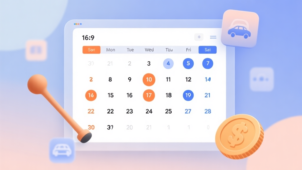 A clean, minimalist calendar interface on a digital screen, with key dates highlighted in soft orange and blue, surrounded by subtle icons of a carrom striker and coin, pastel background, professional and modern design high quality illustration, detailed, 16:9
